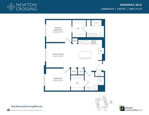 Floor plan for 2 beds, 2 baths, 1093 sqft